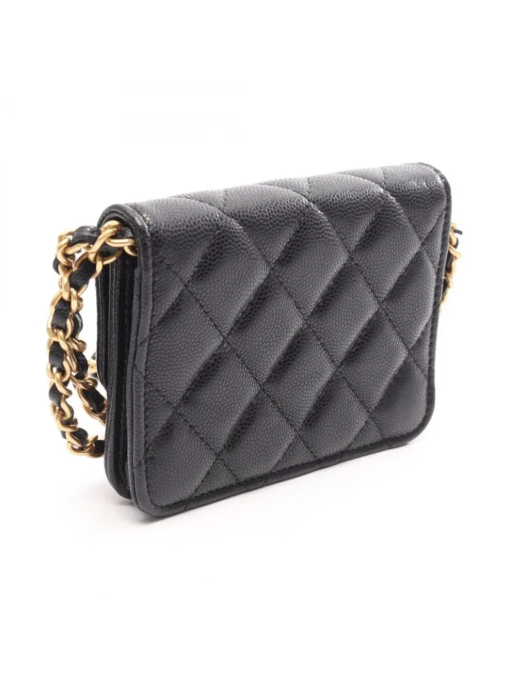 Chanel Shoulder Bag Quilted Card Slot Black Caviar Leather Classic Flap